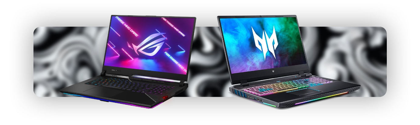 A couple of laptops with colorful screens Description automatically generated
